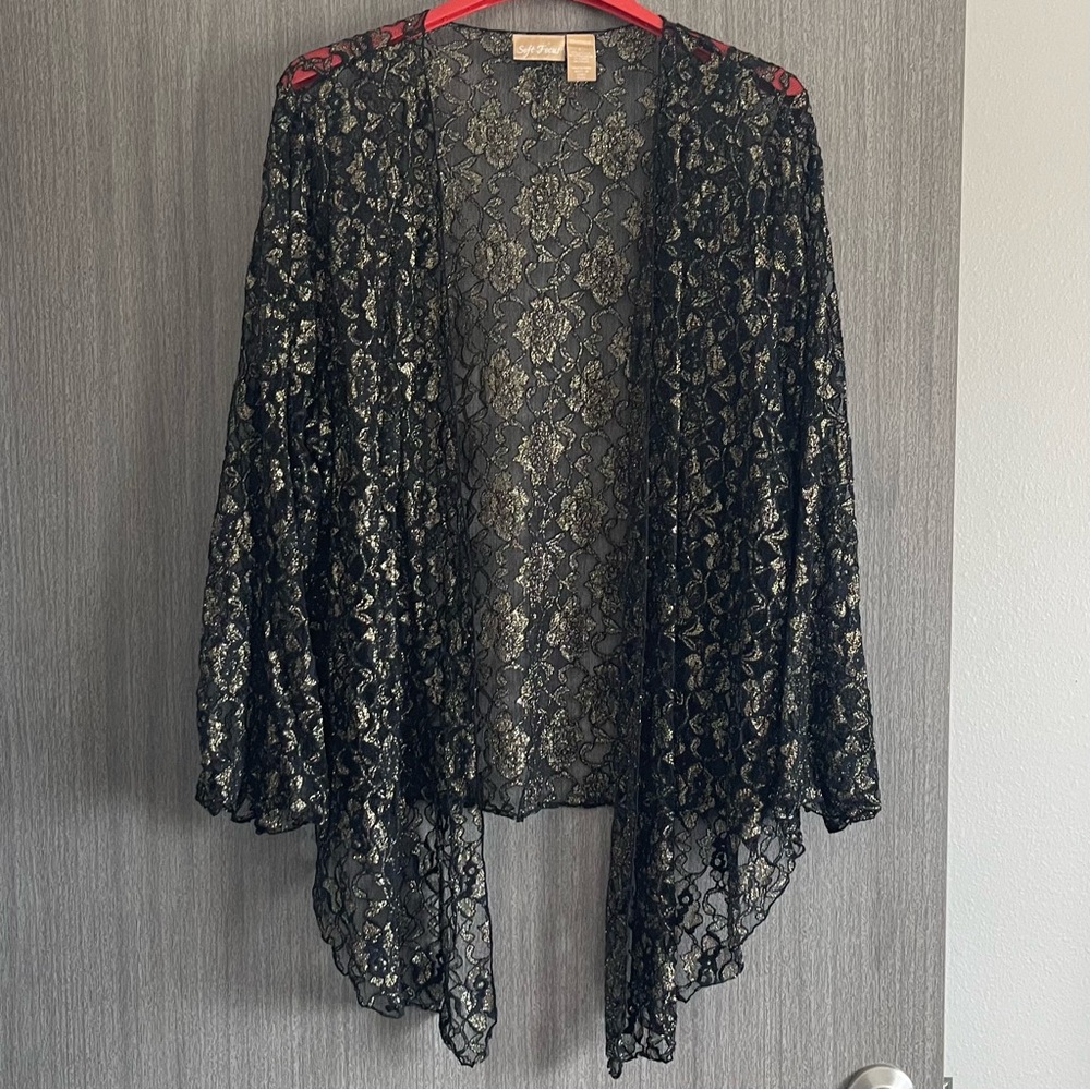 Soft Focus Sheer Cardigan - Black & Gold & Lace - Size Large